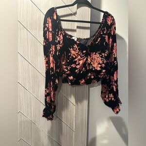 Black floral velour blouse